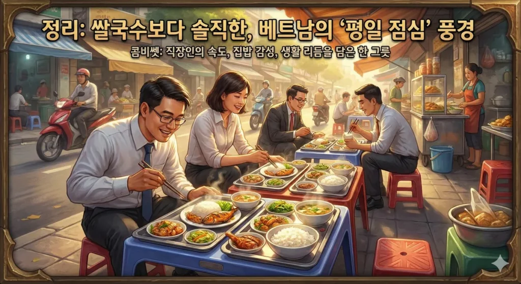 노상에 앉아서 베트남 음식을 먹는 회사원들