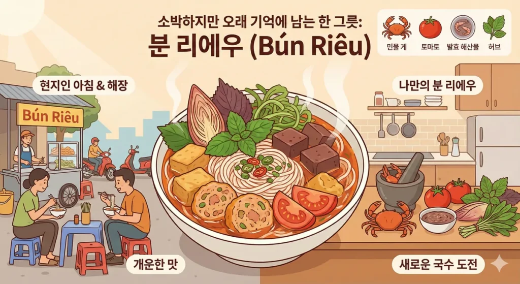 왼쪽에 앉아서 음식을 먹는 사람들 가운데 분리에우 오른쪽에 분리에우 재료 이미지