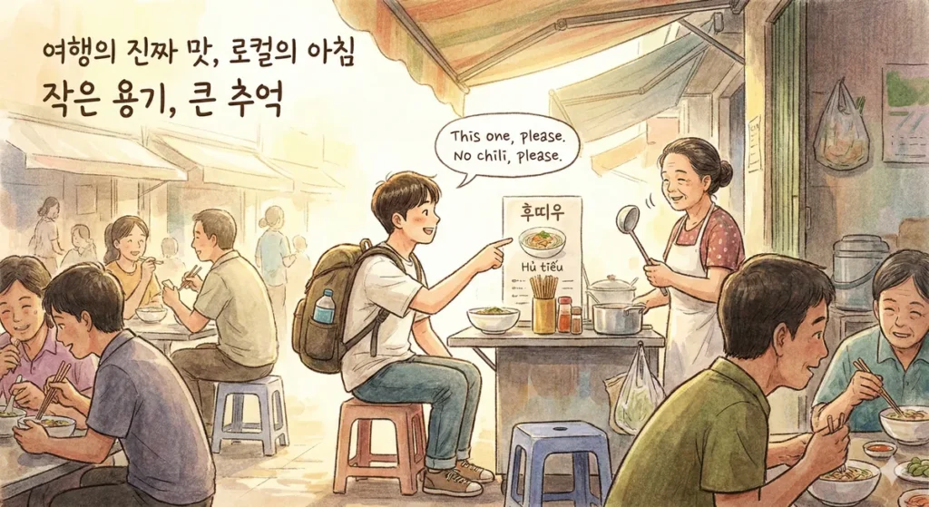 남자가 앉아서 영어로 음식 주문하는 습