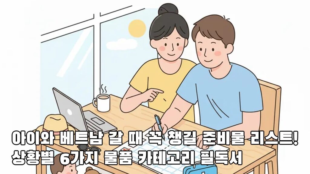 아이와 베트남 여행 준비물을 체크하는 가족 일러스트