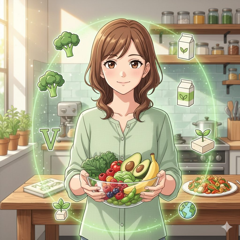 비건 여자가 채식을 들고 있는 사진